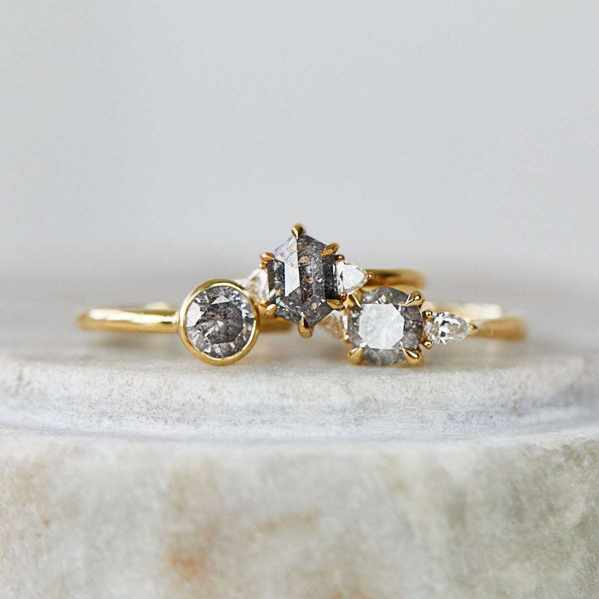 18ct yellow gold salt and pepper hexagon diamond engagement trilogy ring