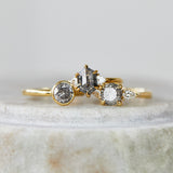 18ct yellow gold salt and pepper hexagon diamond engagement trilogy ring