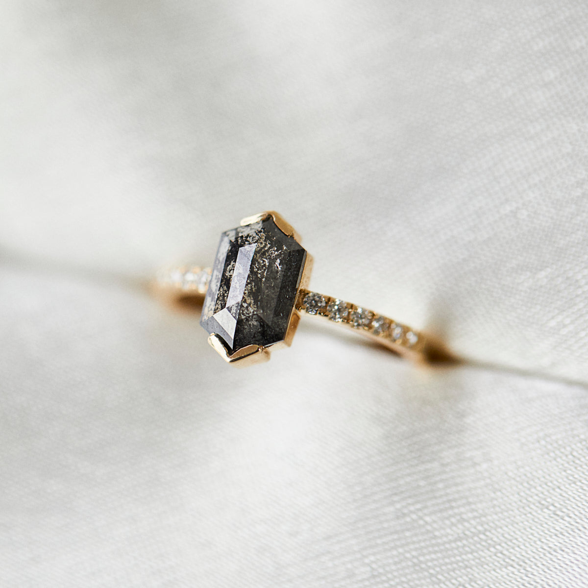 18ct yellow gold salt and pepper hexagon diamond engagement pavé ring