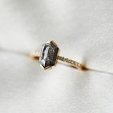 18ct yellow gold salt and pepper hexagon diamond engagement pavé ring