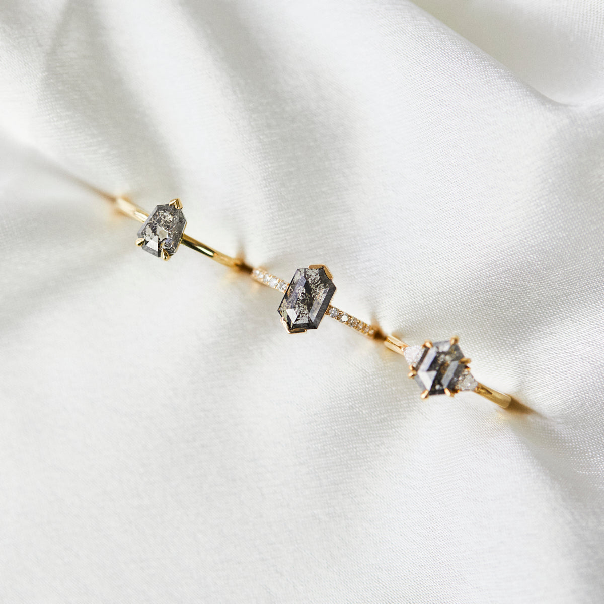 18ct yellow gold salt and pepper hexagon diamond engagement trilogy ring