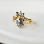 18ct yellow gold salt and pepper hexagon diamond engagement trilogy ring