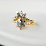 18ct yellow gold salt and pepper hexagon diamond engagement trilogy ring