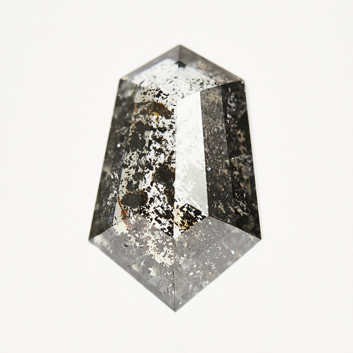 Modern elongated tapered hexagon rose-cut black salt and pepper diamond.