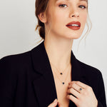 Black diamond triangle halo necklace with white diamonds in 18ct yellow gold.