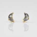 Grey salt & pepper crescent moon diamond earrings in 18ct yellow gold.