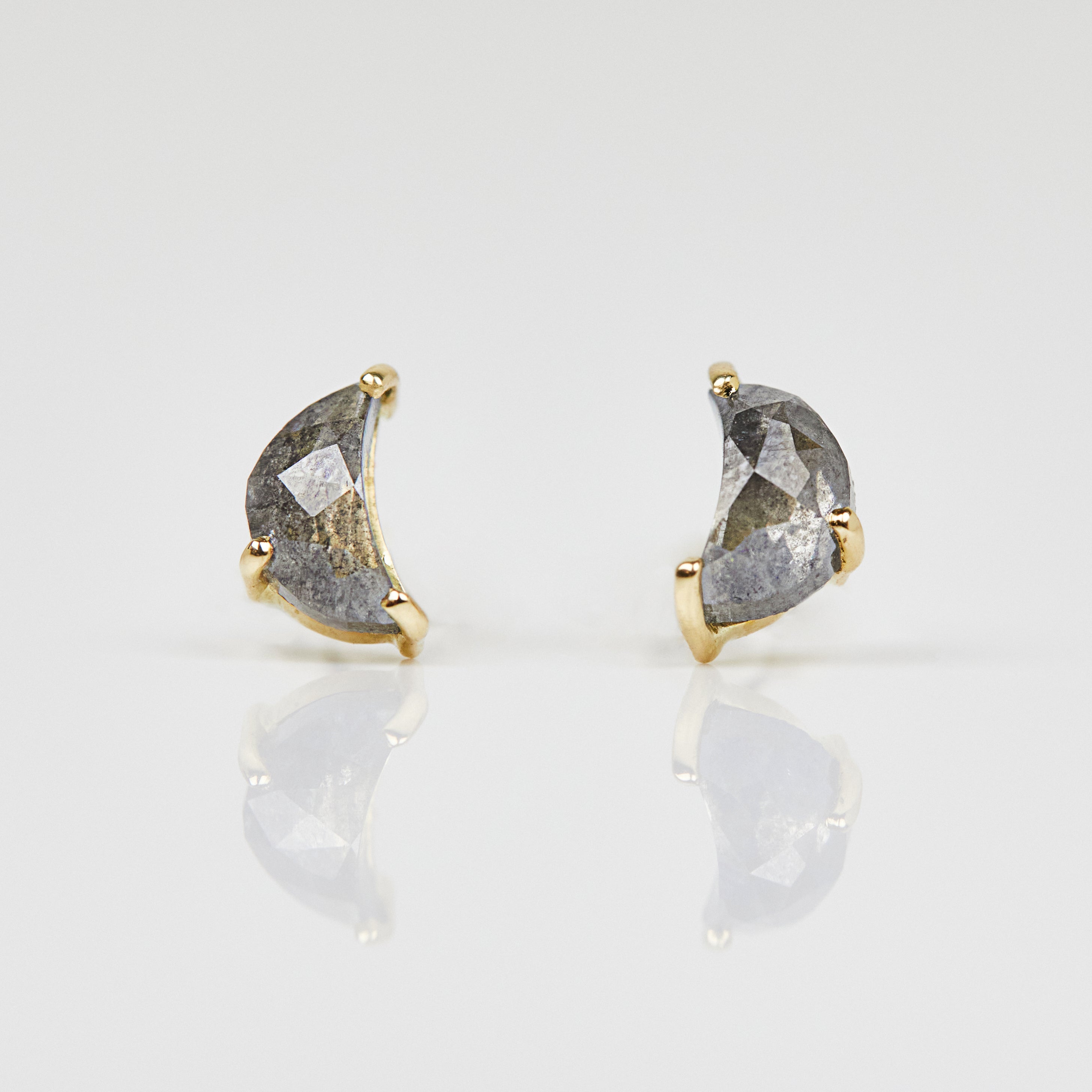 Grey salt & pepper crescent moon diamond earrings in 18ct yellow gold.
