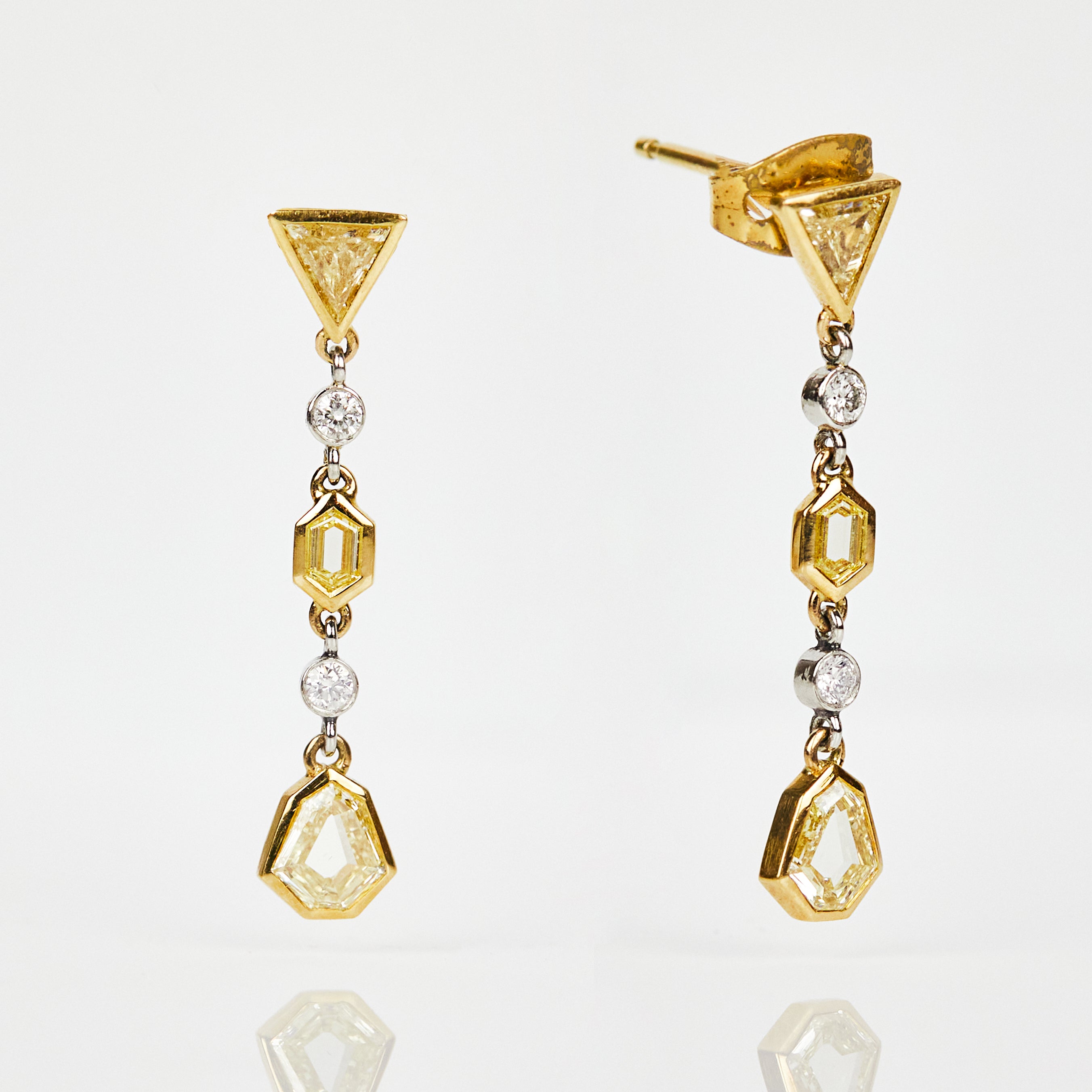 Handmade yellow sapphire and diamond drop earrings in 18ct yellow gold.