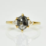 18ct yellow gold salt and pepper hexagon diamond engagement trilogy ring