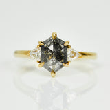 18ct yellow gold salt and pepper hexagon diamond engagement trilogy ring