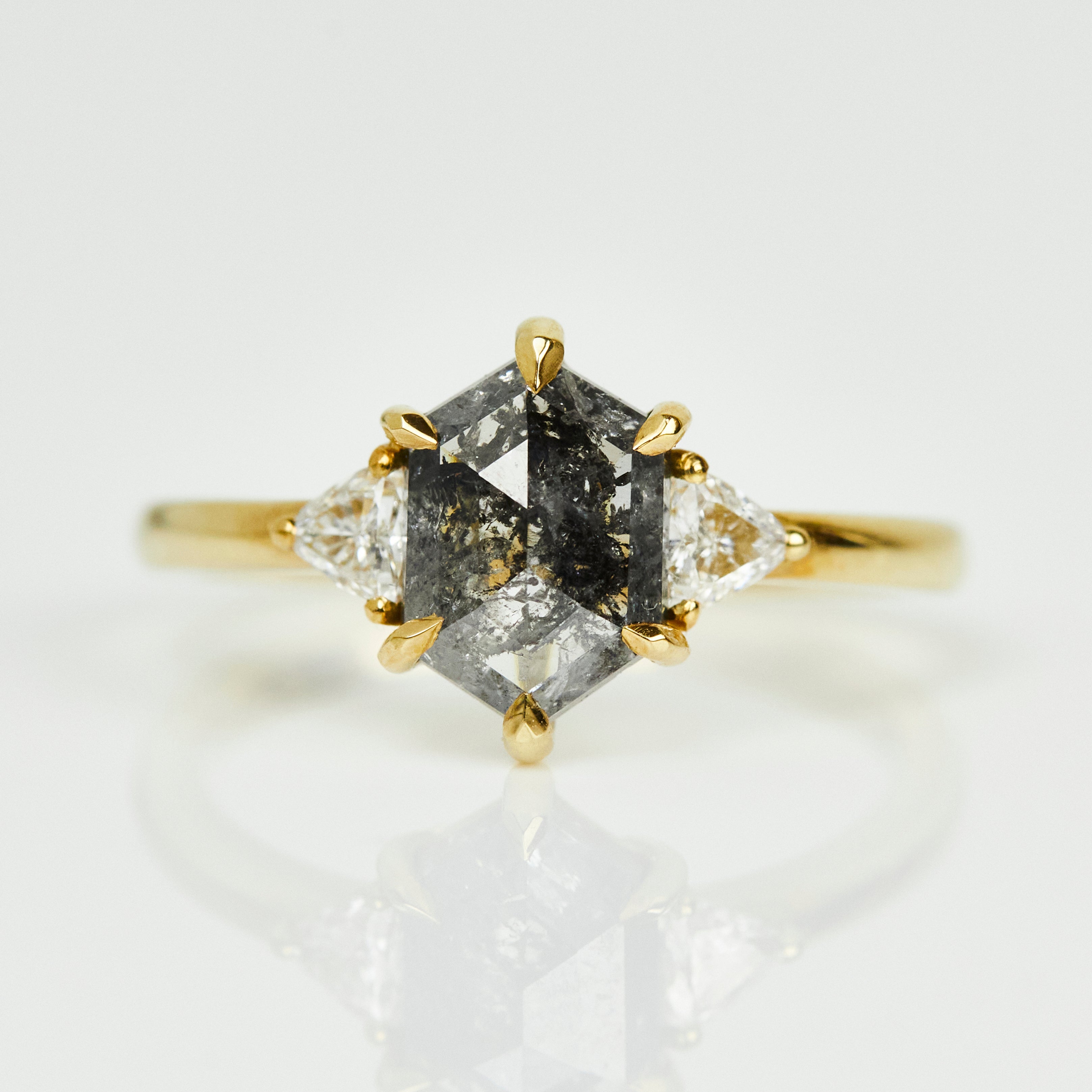 18ct yellow gold salt and pepper hexagon diamond engagement trilogy ring