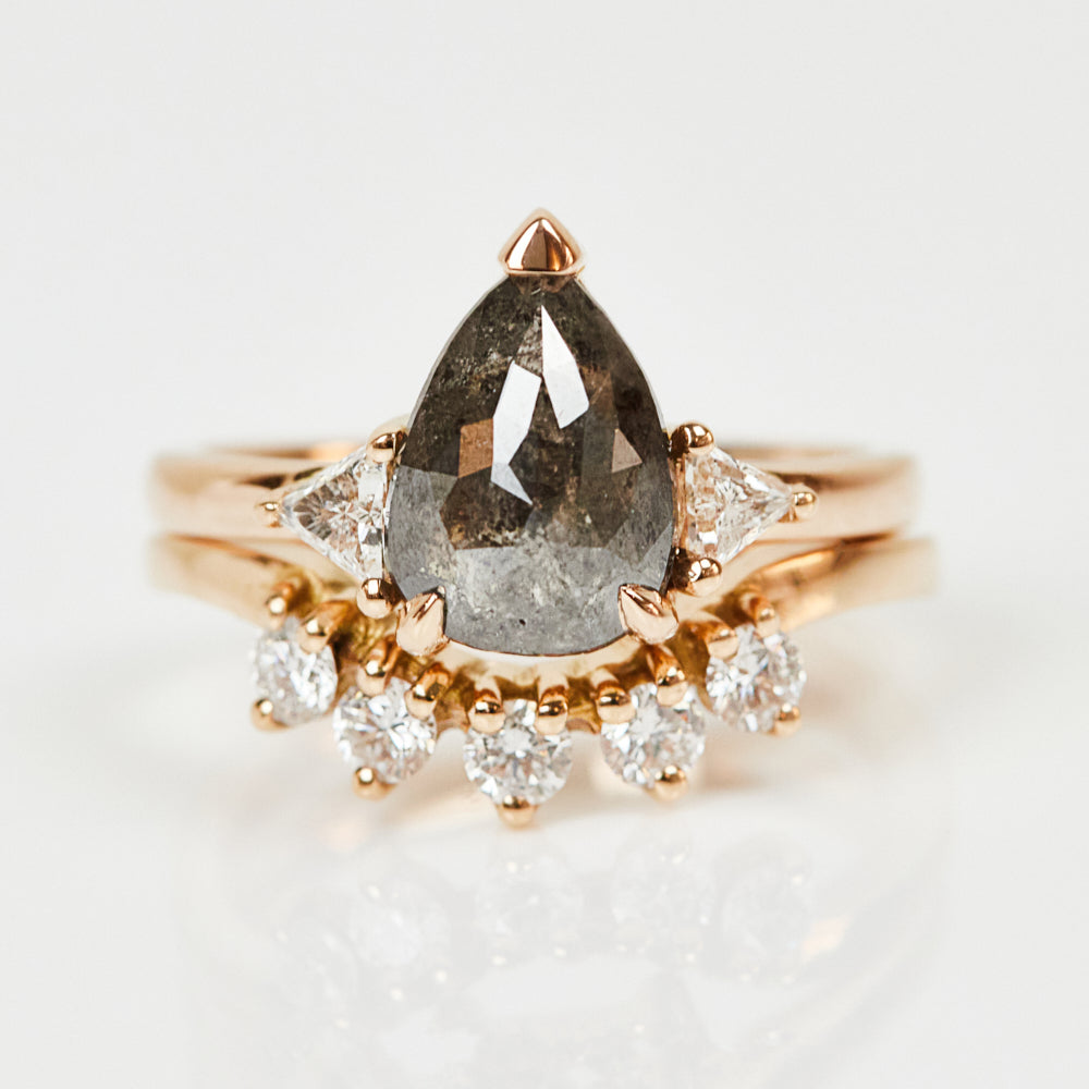 18ct rose gold salt and pepper pear diamond engagement trilogy ring