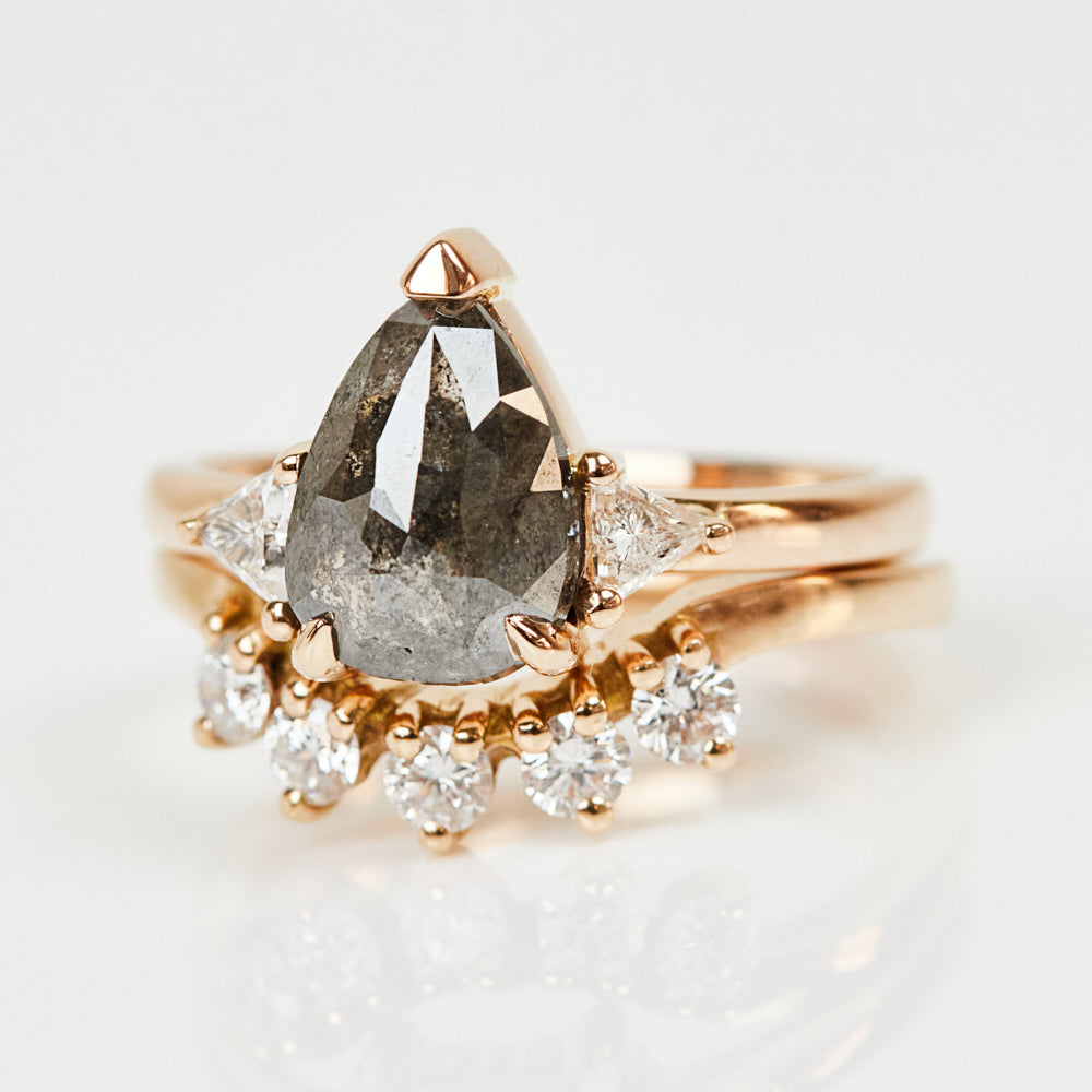 18ct rose gold salt and pepper pear diamond engagement trilogy ring
