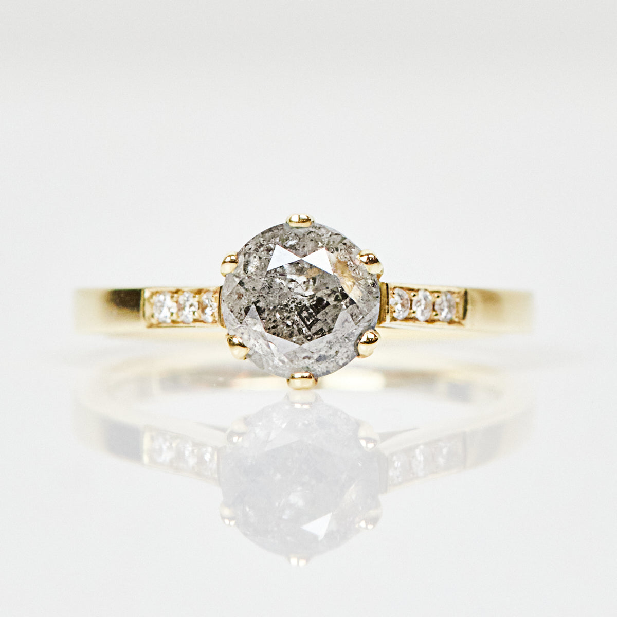 18ct yellow gold salt and pepper round brilliant cut diamond engagement one-of-a-kind ring