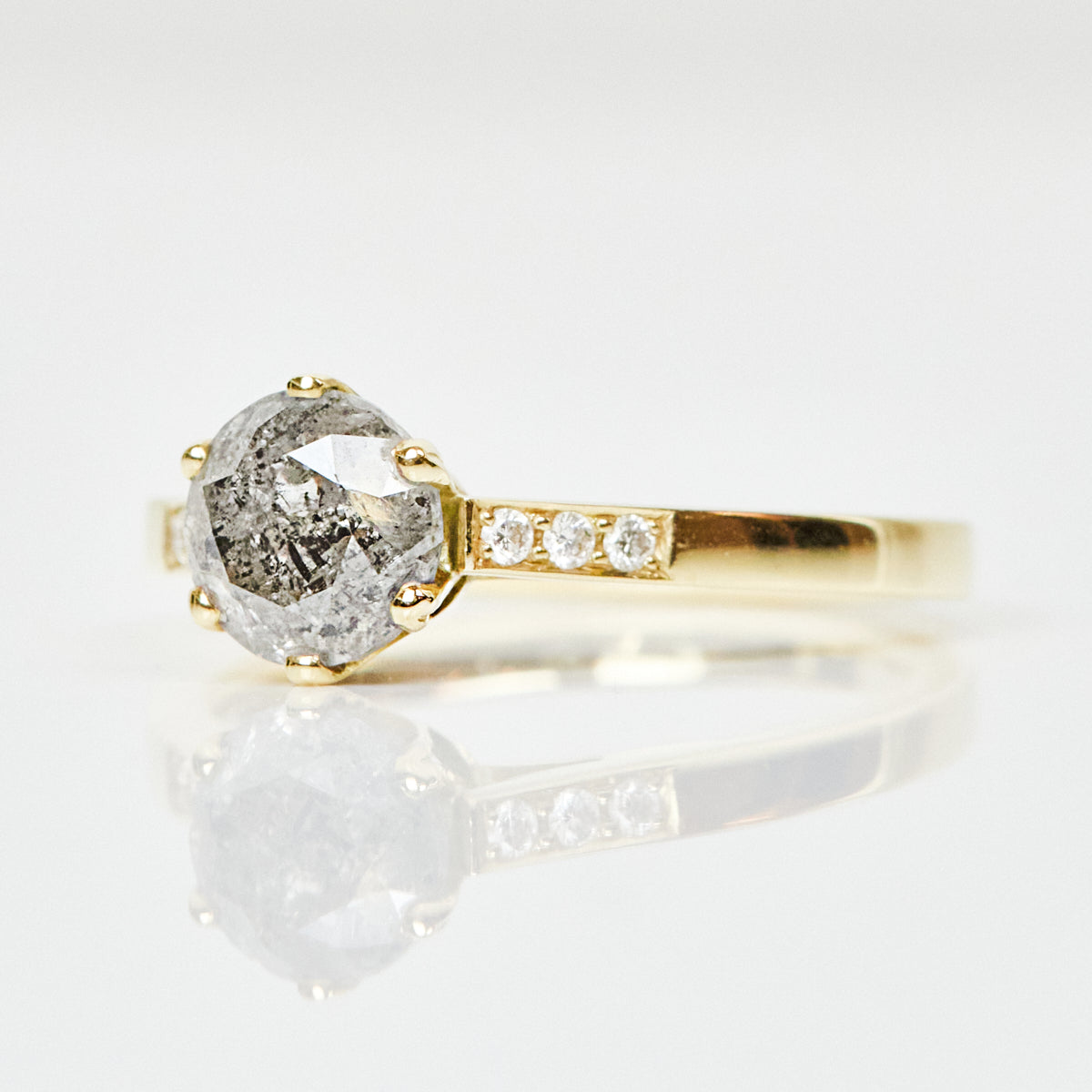18ct yellow gold salt and pepper round brilliant cut diamond engagement one-of-a-kind ring