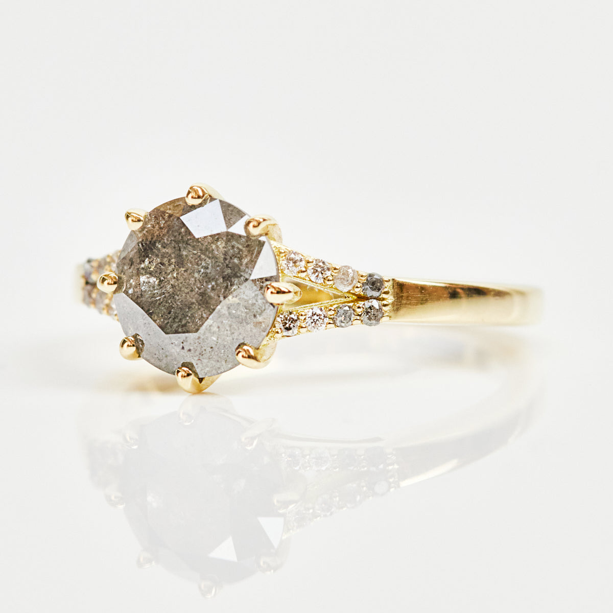 18ct yellow gold salt and pepper round brilliant cut diamond engagement one-of-a-kind ring