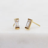 White baguette-cut lab-grown diamond earrings set in 18ct yellow gold.