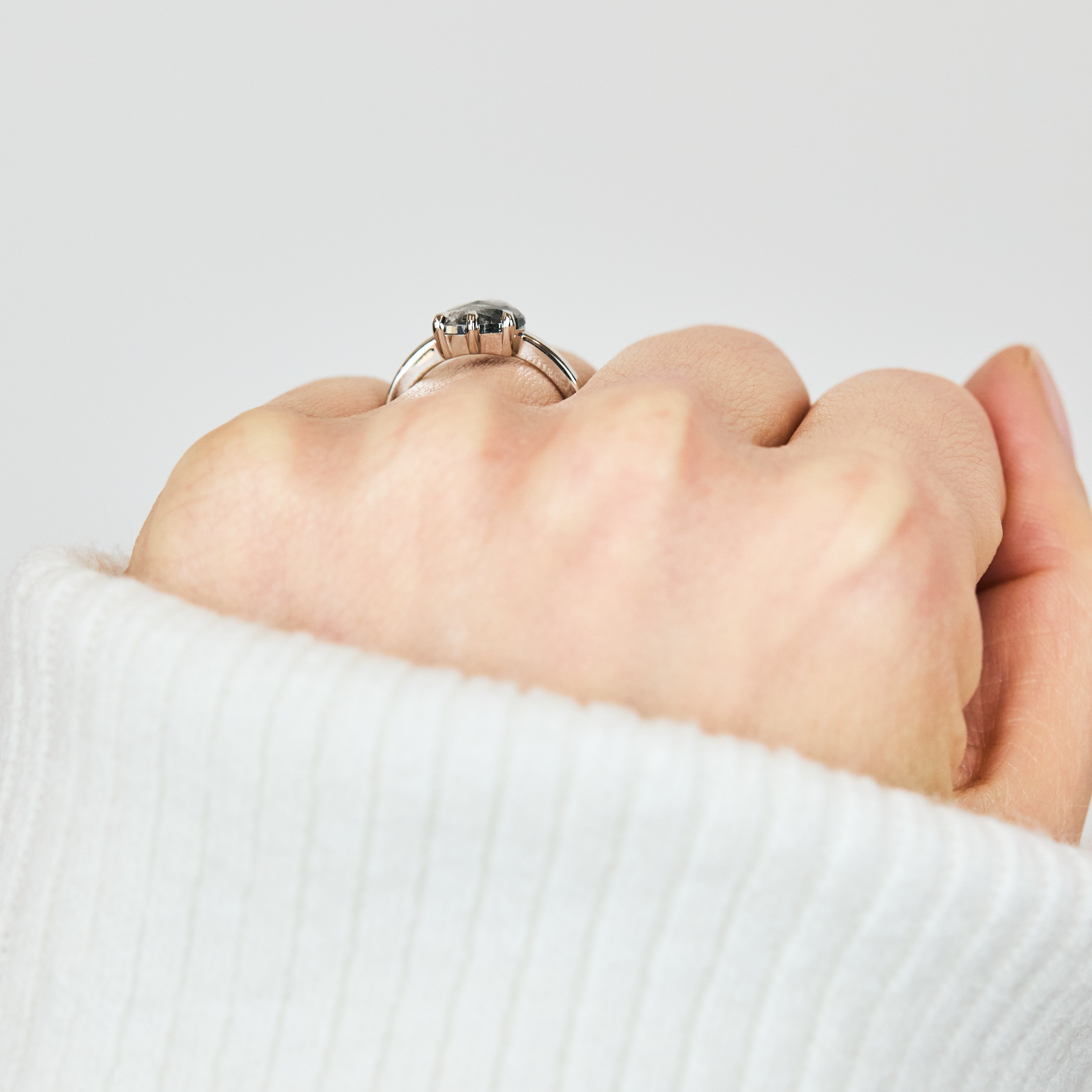 Pear Rose Cut Dark Salt and Pepper Diamond Solitaire Engagement Ring