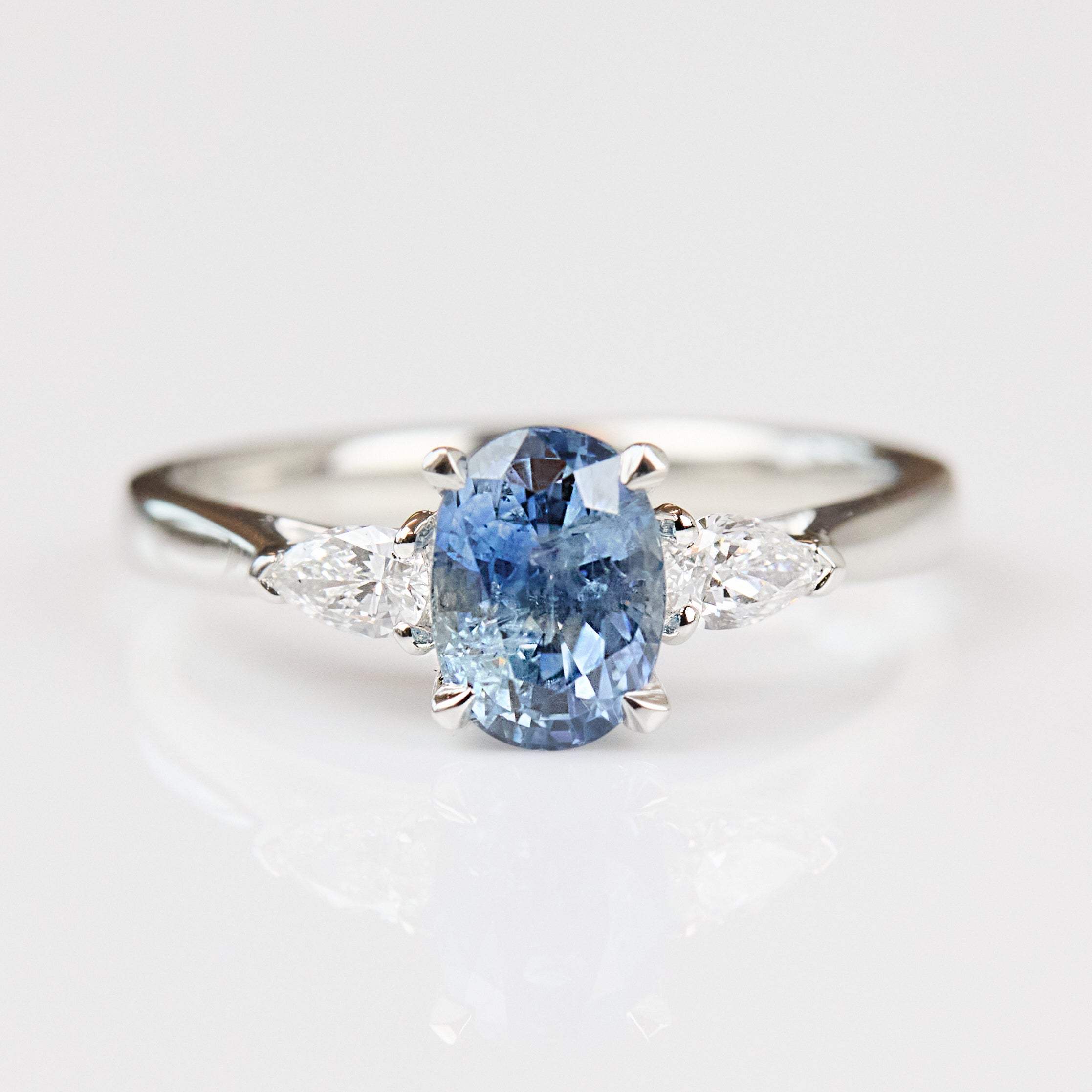 Oval Blue Teal Sapphire Engagement Ring Trilogy