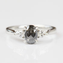Oval Rose Cut Dark Salt and Pepper Diamond Engagement Ring Trilogy