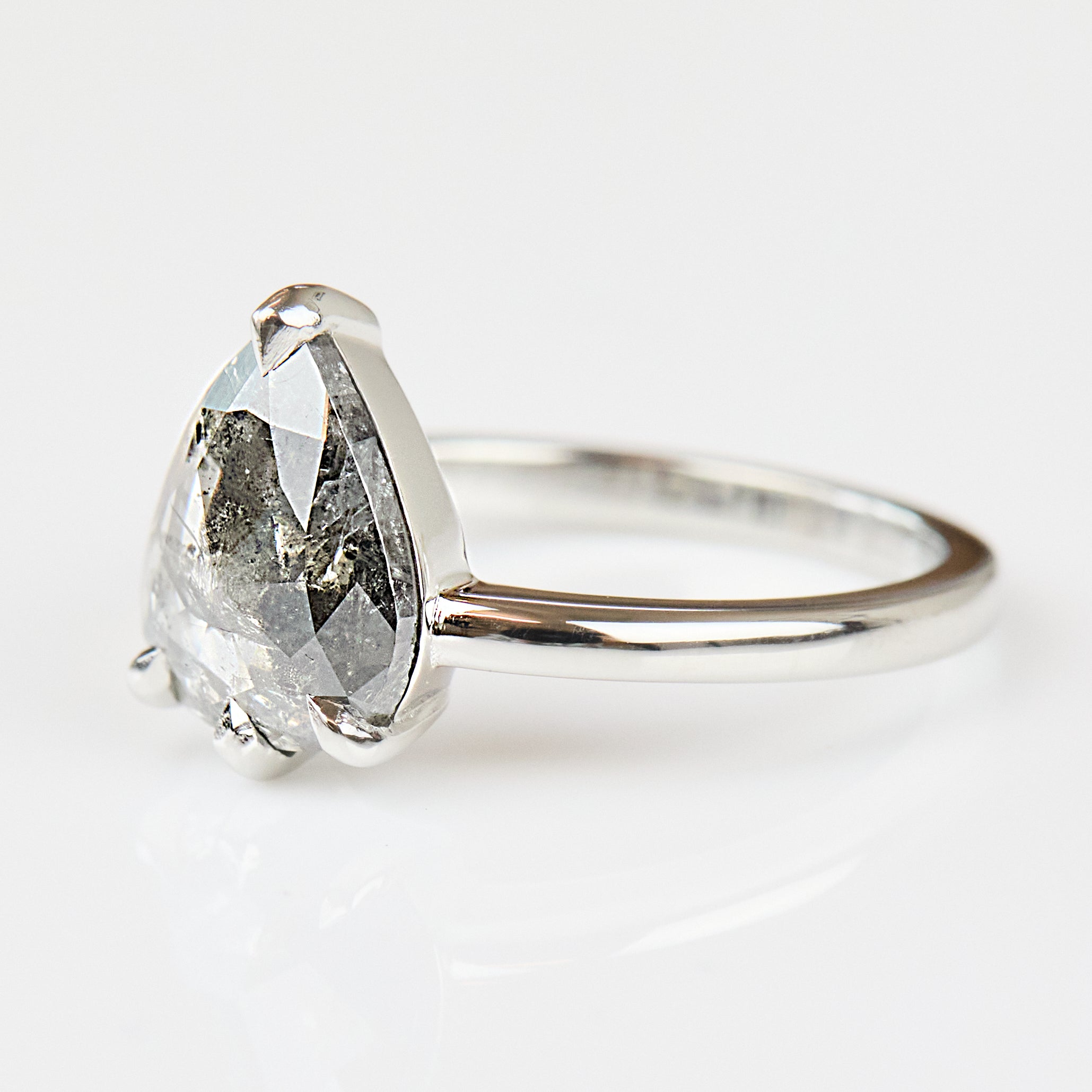 Pear Rose Cut Dark Salt and Pepper Diamond Solitaire Engagement Ring