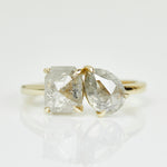 18ct yellow gold salt and pepper pear and emerald cut diamond engagement toi et moi ring