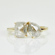 18ct yellow gold salt and pepper pear and emerald cut diamond engagement toi et moi ring