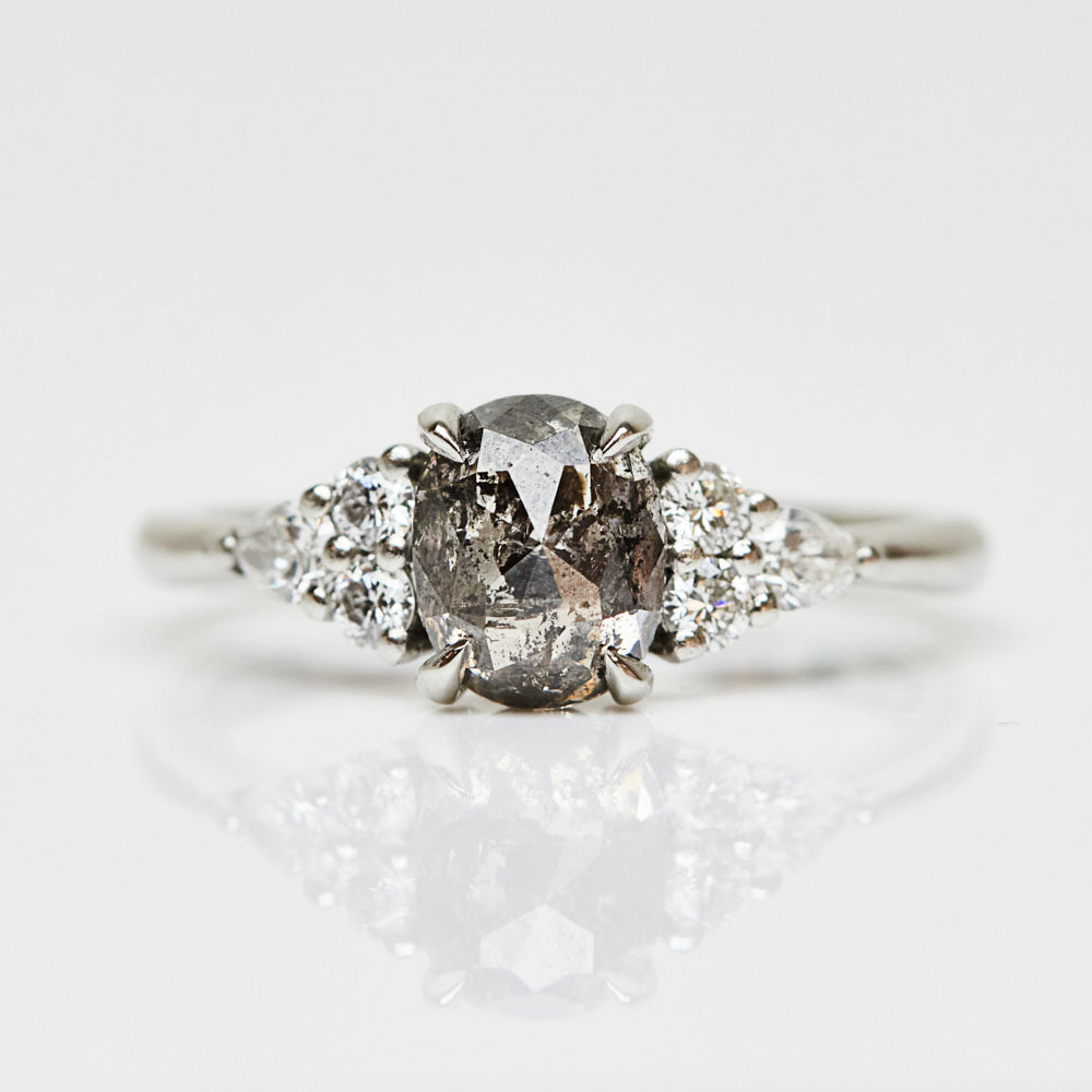 Platinum salt and pepper oval diamond engagement one-of-a-kind ring
