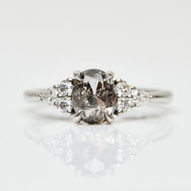 Platinum salt and pepper oval diamond engagement one-of-a-kind ring