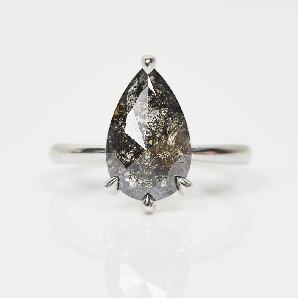Platinum salt and pepper pear diamond engagement solitaire ring