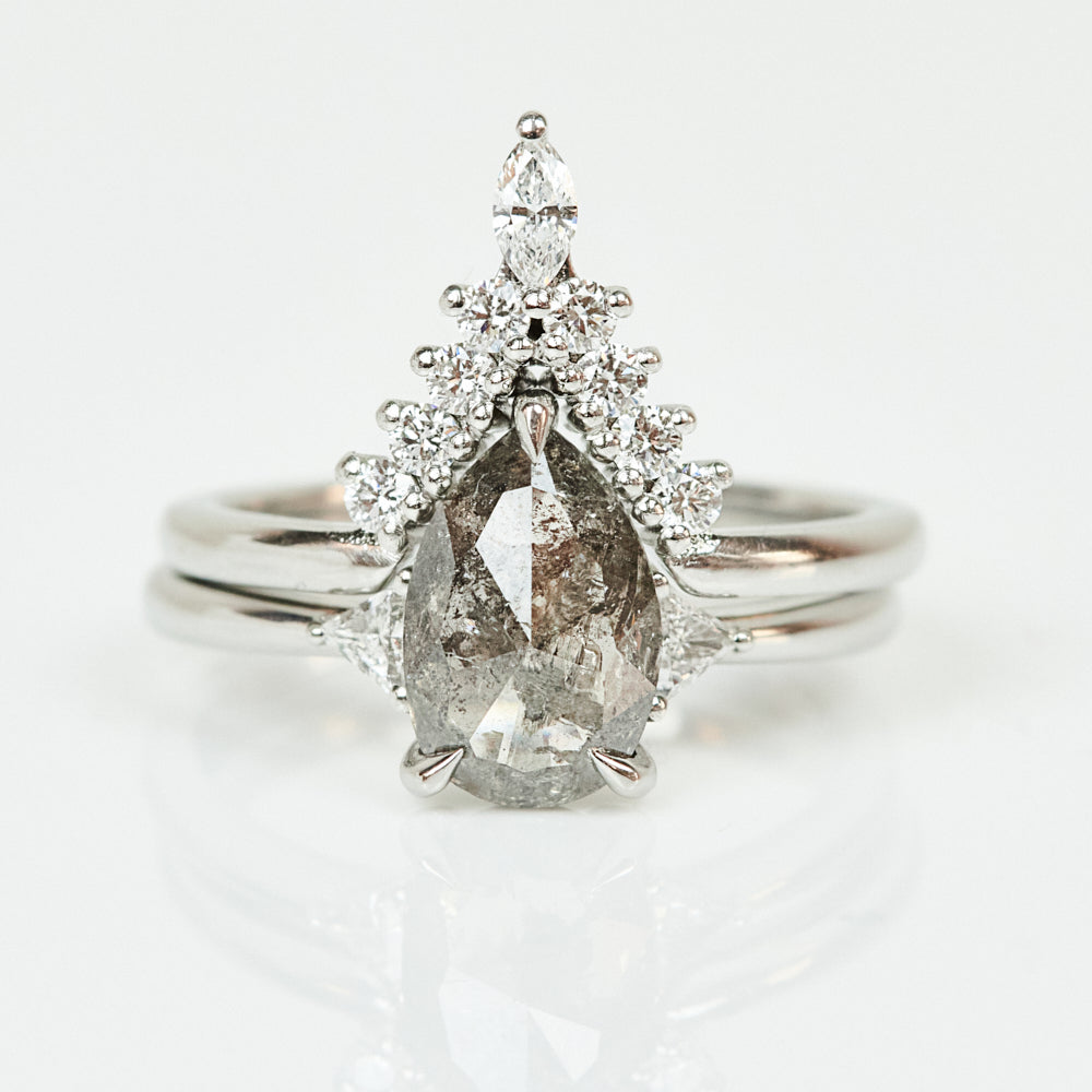 Platinum salt and pepper pear diamond engagement trilogy ring