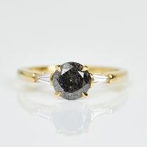 18ct yellow gold salt and pepper round brilliant cut diamond engagement trilogy ring