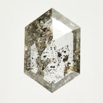 Elongated hexagon rose-cut speckled salt and pepper diamond.