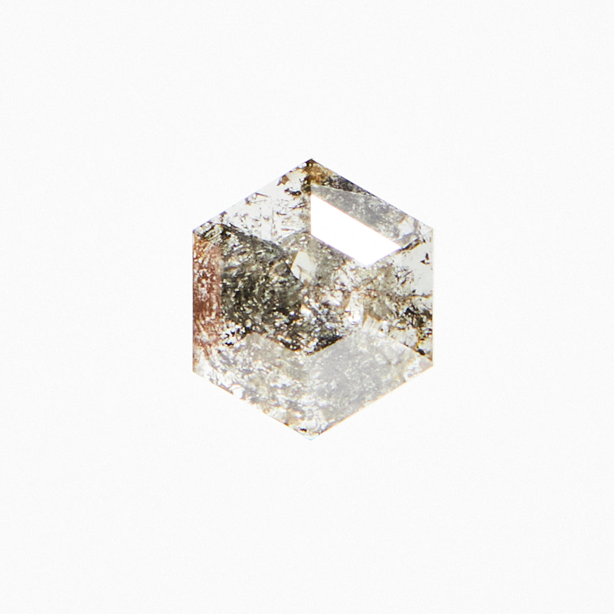 Hexagon rose-cut ethically sourced salt and pepper diamond.