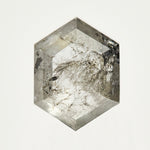 One-of-a-kind hexagon rose-cut salt and pepper diamond with unique inclusions.
