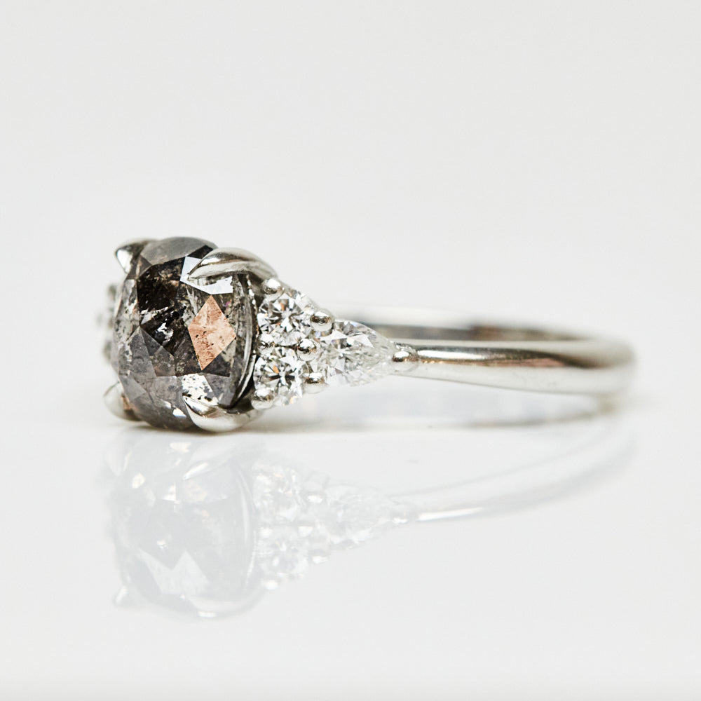 Platinum salt and pepper oval diamond engagement one-of-a-kind ring