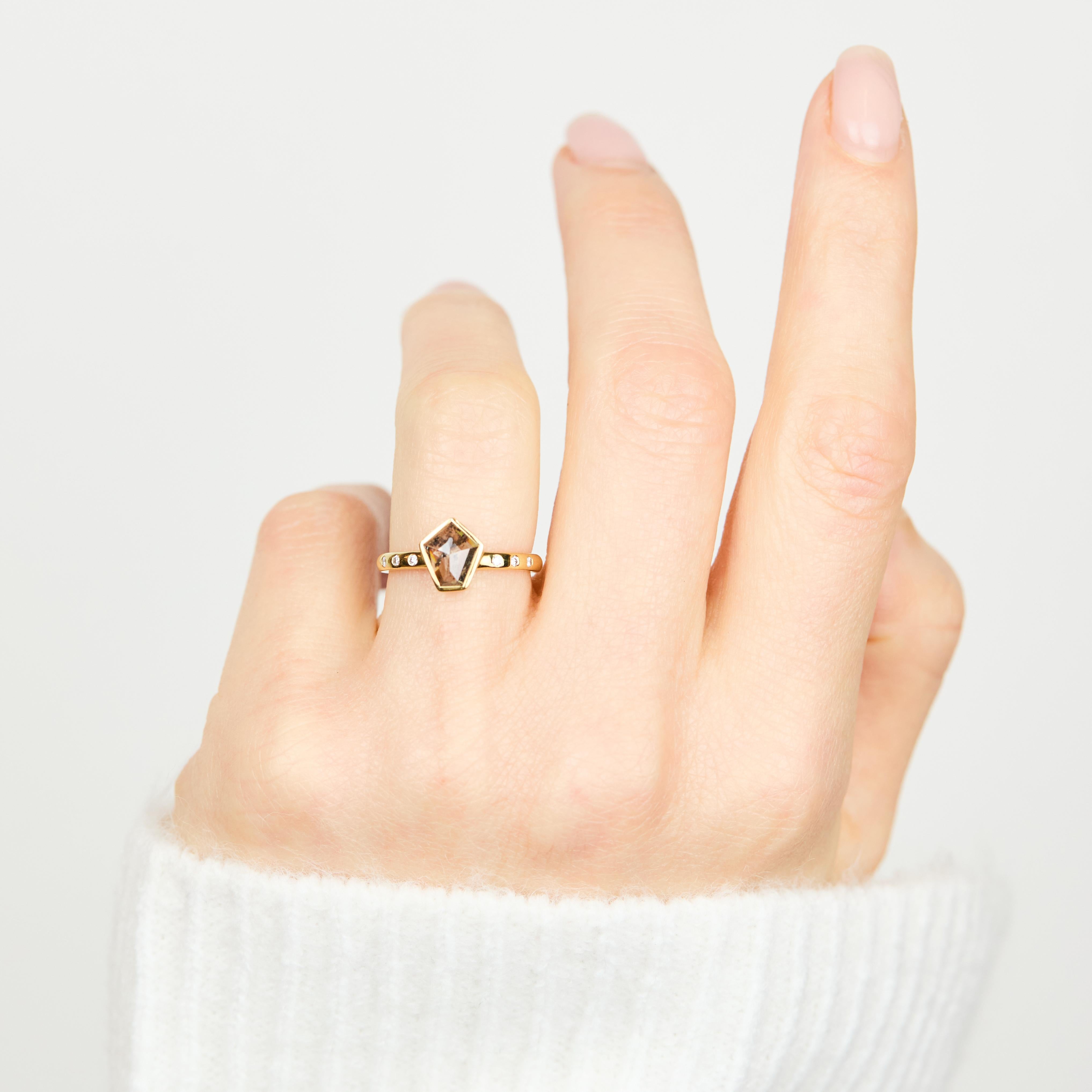 18ct yellow gold salt and pepper kite diamond engagement bezel ring