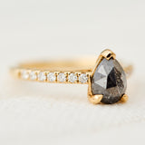 18ct yellow gold salt and pepper pear diamond engagement pavé ring