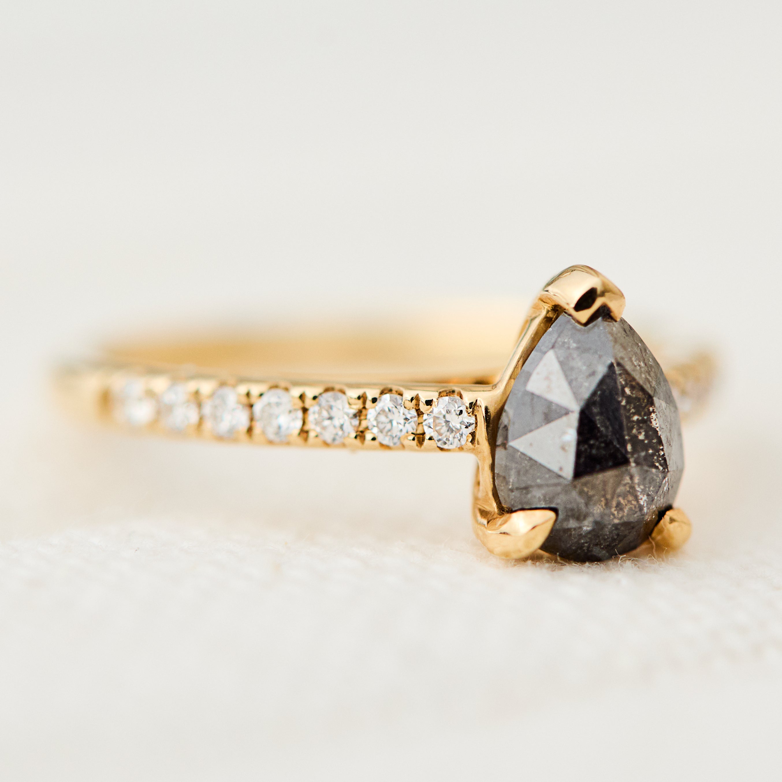 18ct yellow gold salt and pepper pear diamond engagement pavé ring