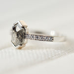Platinum salt and pepper hexagon diamond engagement pavé ring