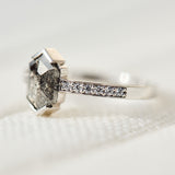 Platinum salt and pepper hexagon diamond engagement pavé ring