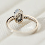 Platinum salt and pepper hexagon diamond engagement pavé ring