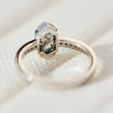 Platinum salt and pepper hexagon diamond engagement pavé ring
