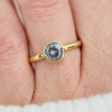 18ct yellow gold salt and pepper round brilliant cut diamond engagement bezel ring