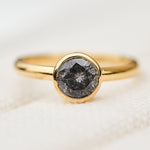 18ct yellow gold salt and pepper round brilliant cut diamond engagement bezel ring