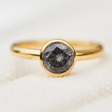 18ct yellow gold salt and pepper round brilliant cut diamond engagement bezel ring