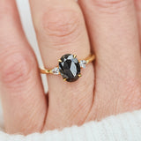 18ct yellow gold salt and pepper oval diamond engagement trilogy ring