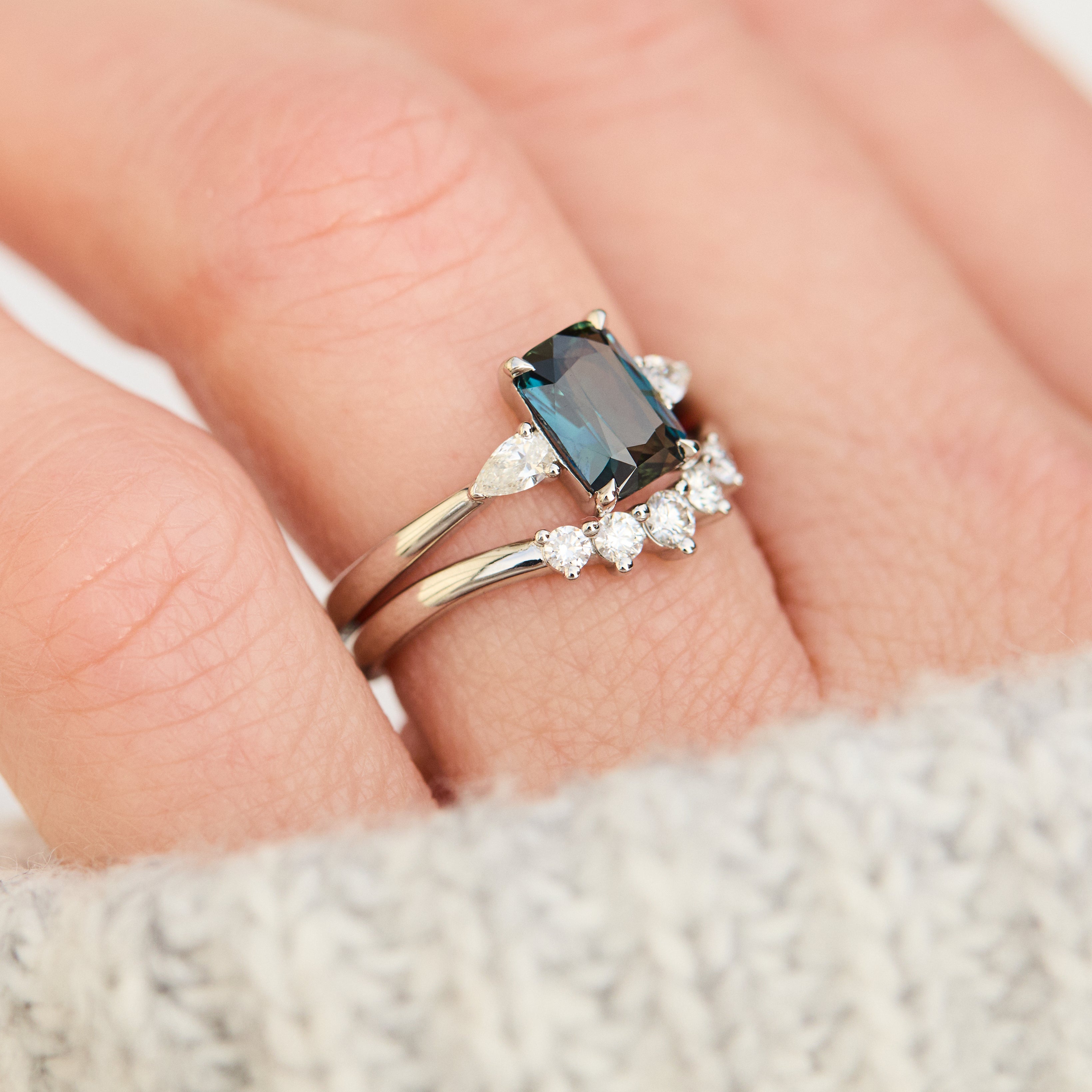 blue teal sapphire and diamond engagement ring stack
