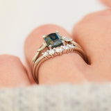 blue teal sapphire and diamond engagement ring stack