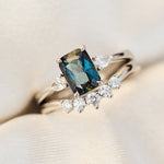 blue teal sapphire and diamond engagement ring stack